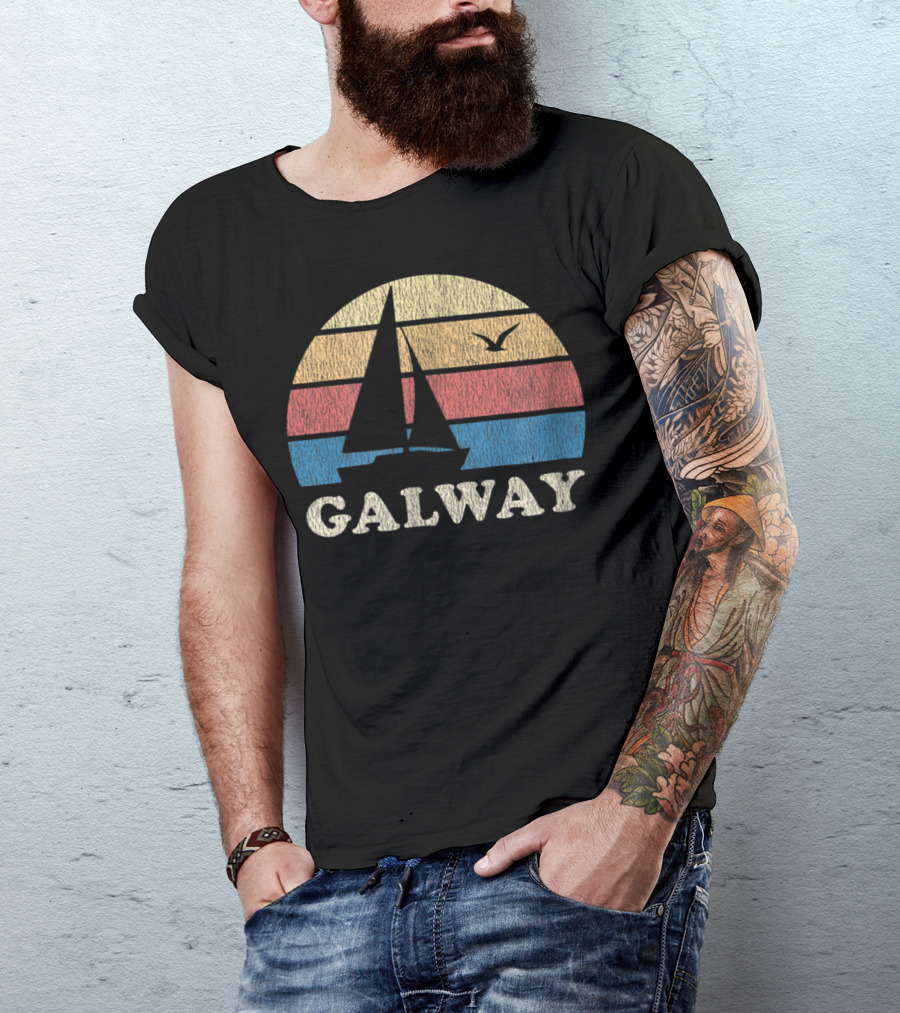 Galway Vintage Sailboat 70s Sunset With Seagull T-Shirt