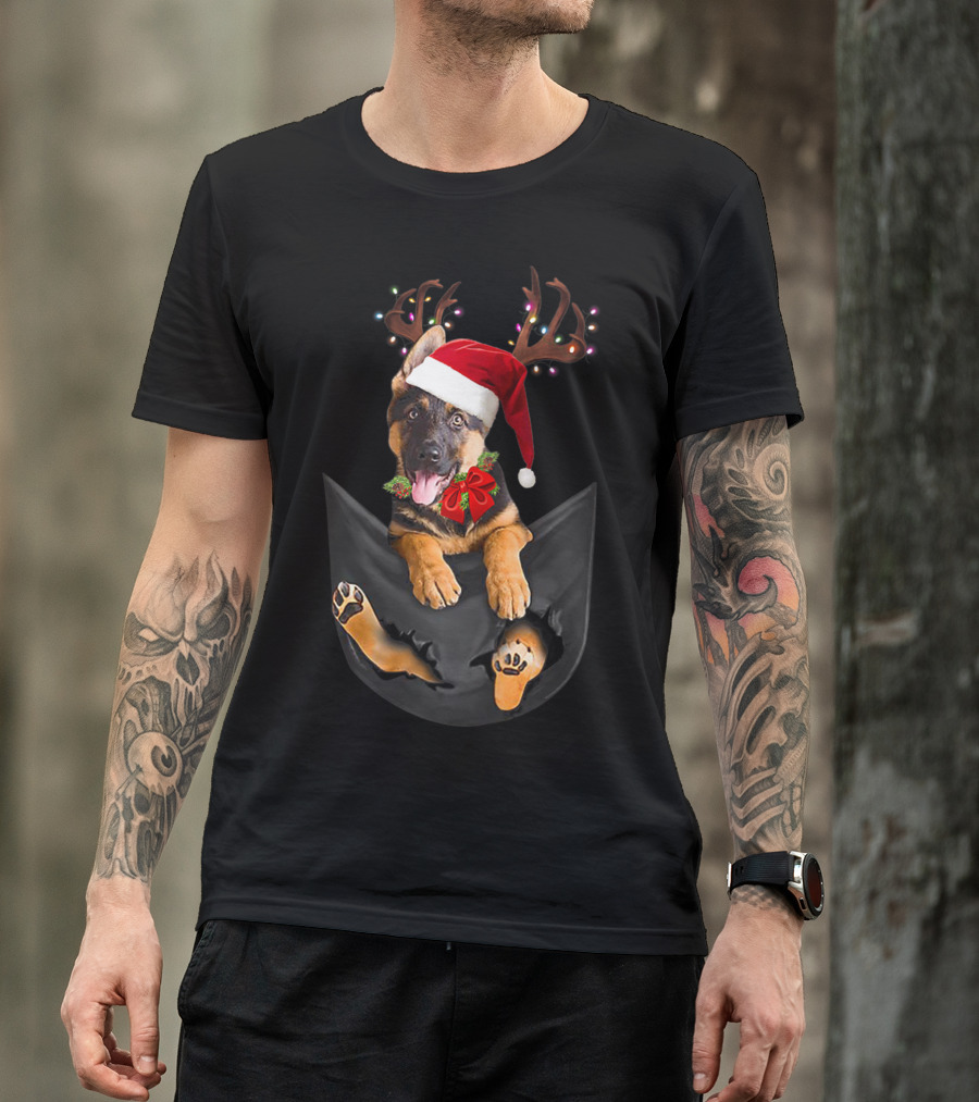 German Shepherd Christmas Dog With Santa Hat And Antlers In Your Pocket T-Shirt