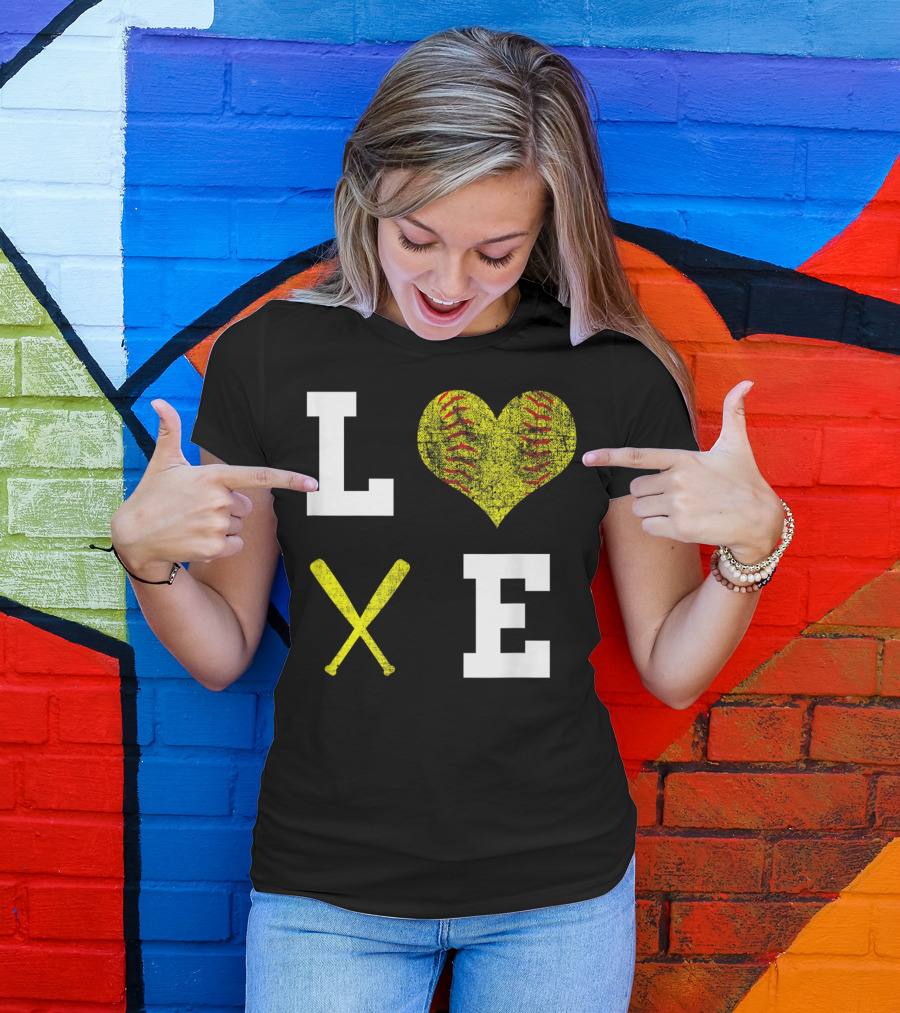 LOVE Softball Heart Bat Stitch Girls Softballism T-Shirt