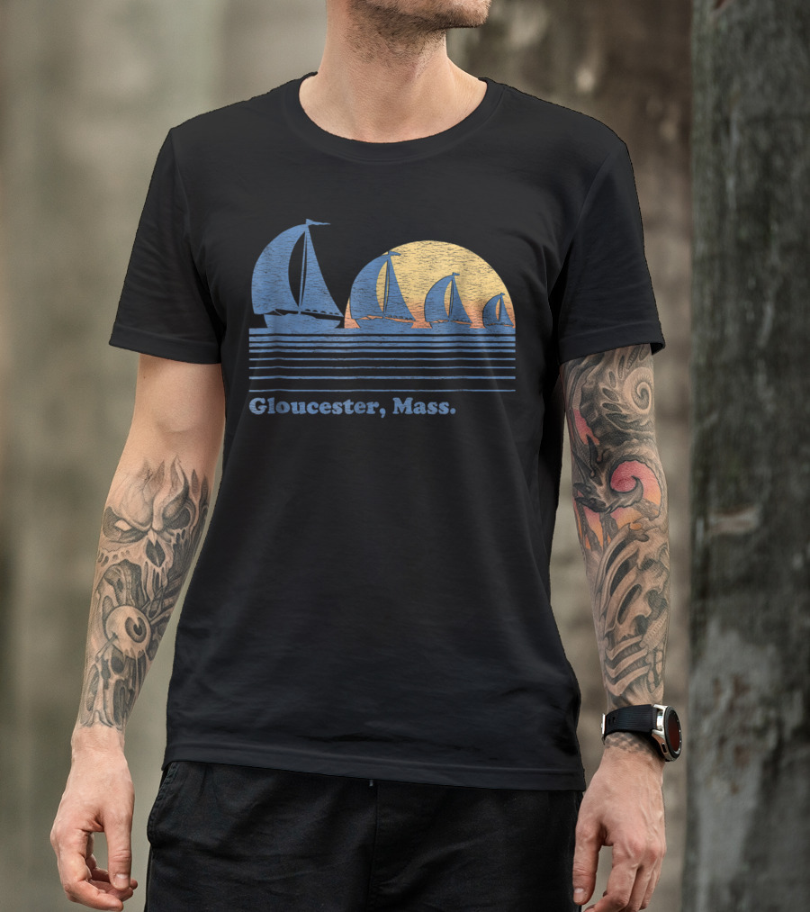 Gloucester Mass Vintage Sailboats And Sunset Scene T-Shirt