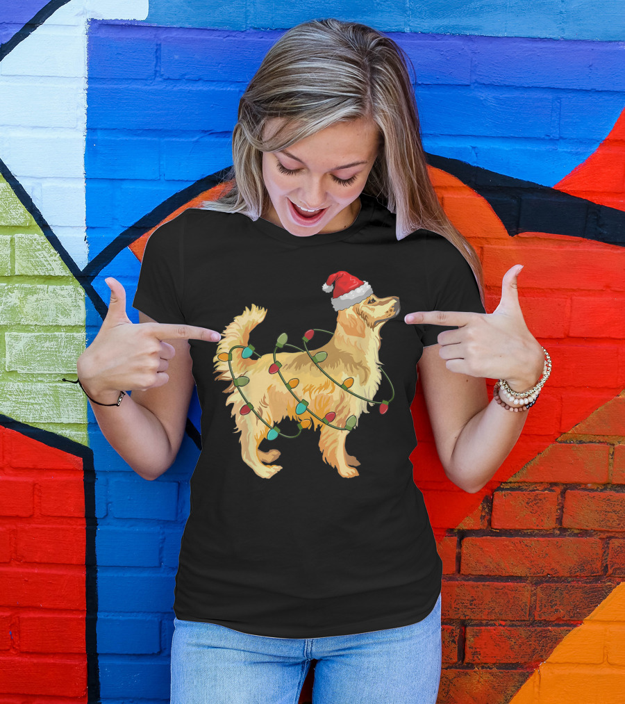 Golden Retriever With Christmas Lights And Santa Hat T-Shirt