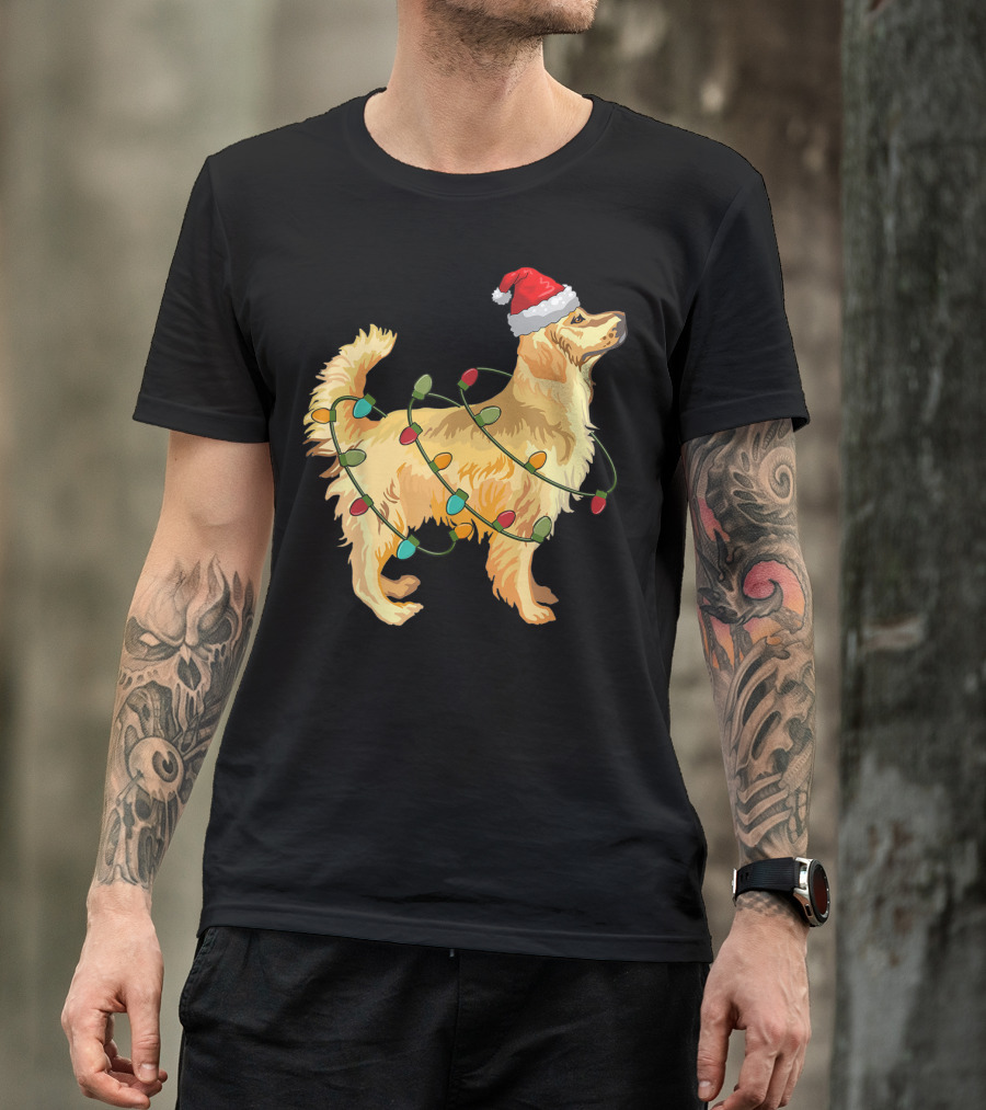 Golden Retriever With Christmas Lights And Santa Hat T-Shirt