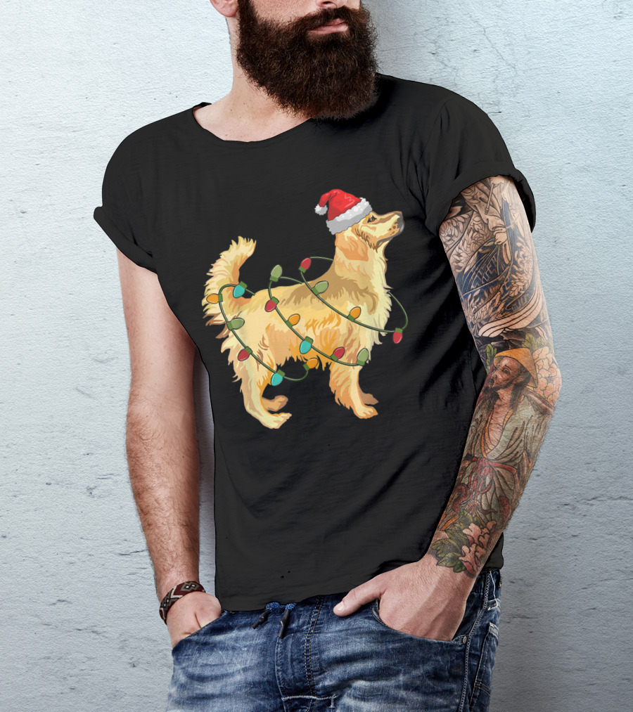 Golden Retriever With Christmas Lights And Santa Hat T-Shirt
