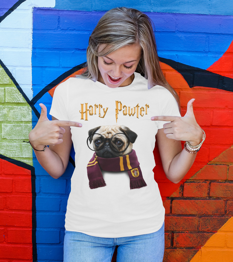 Harry Pawter Cute Puggy Dogs Potte Pups Wizard Pug With Glasses And Scarf T-Shirt