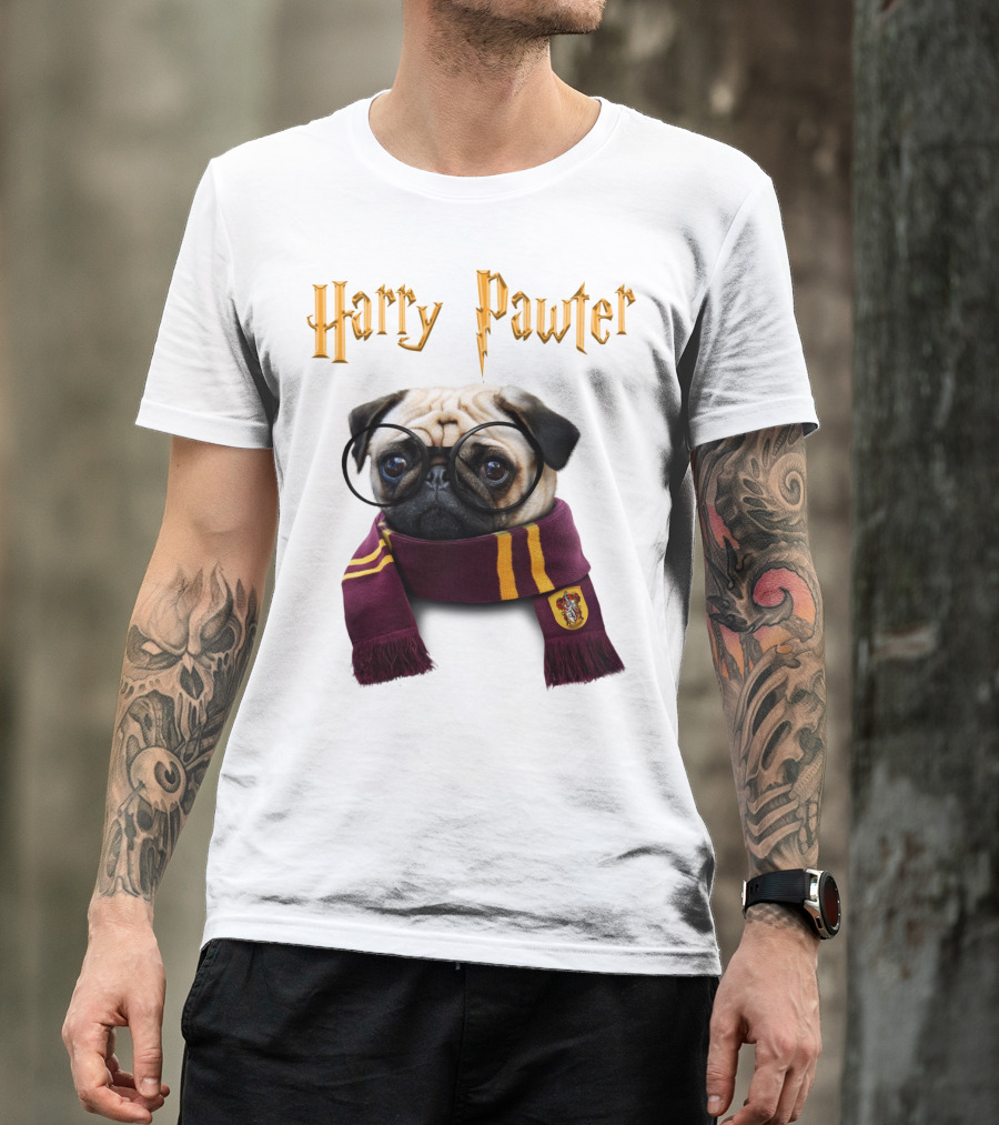 Harry Pawter Cute Puggy Dogs Potte Pups Wizard Pug With Glasses And Scarf T-Shirt