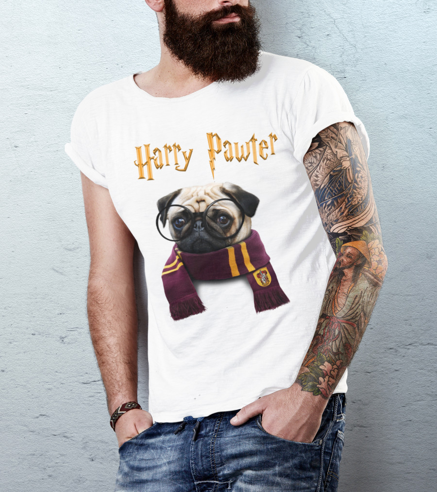 Harry Pawter Cute Puggy Dogs Potte Pups Wizard Pug With Glasses And Scarf T-Shirt