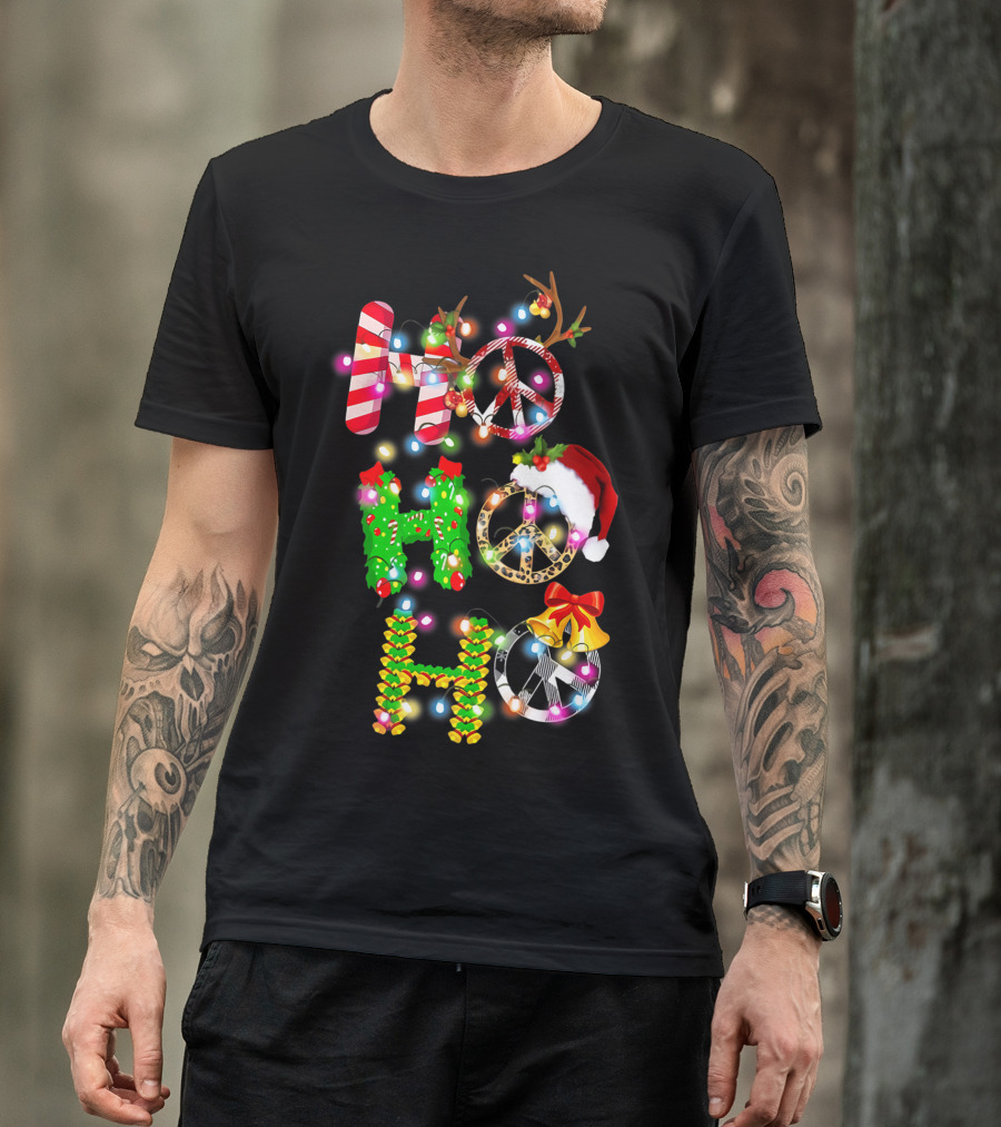 Ho Ho Ho Christmas Light Peace Sign Reindeer Santa Hat T-Shirt