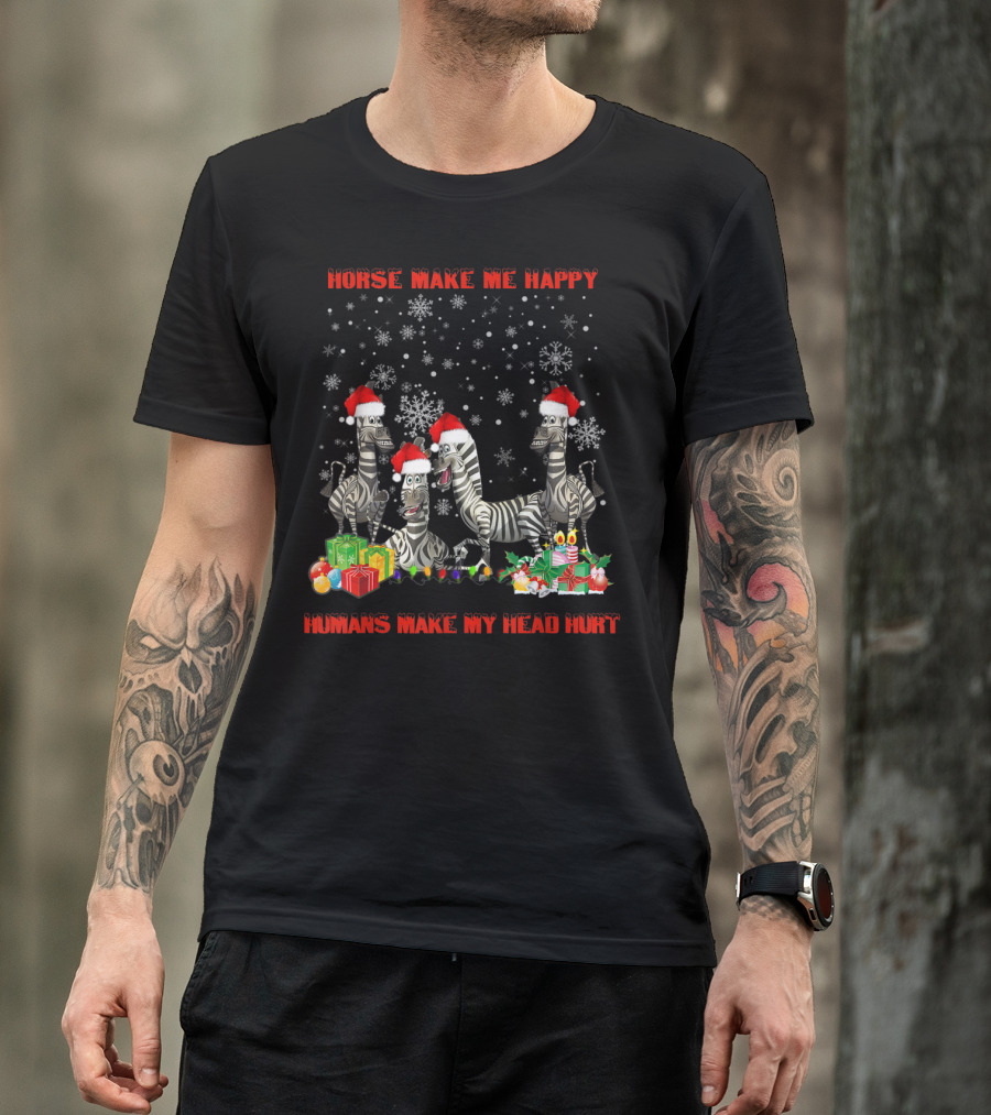 Horse Make Me Happy Humans Make My Head Hurt Christmas Zebra Snowflakes Santa Hats T-Shirt