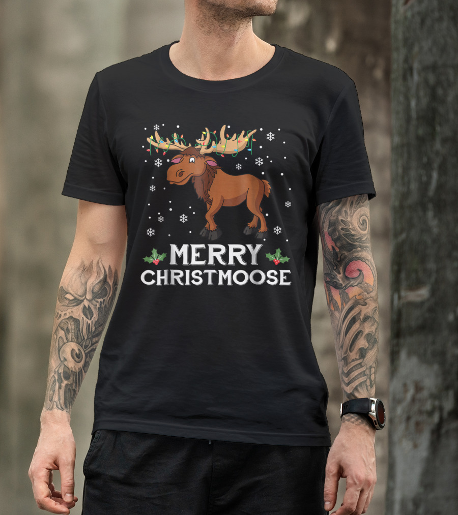 Merry Christmoose Moose With Christmas Lights And Snowflakes T-Shirt