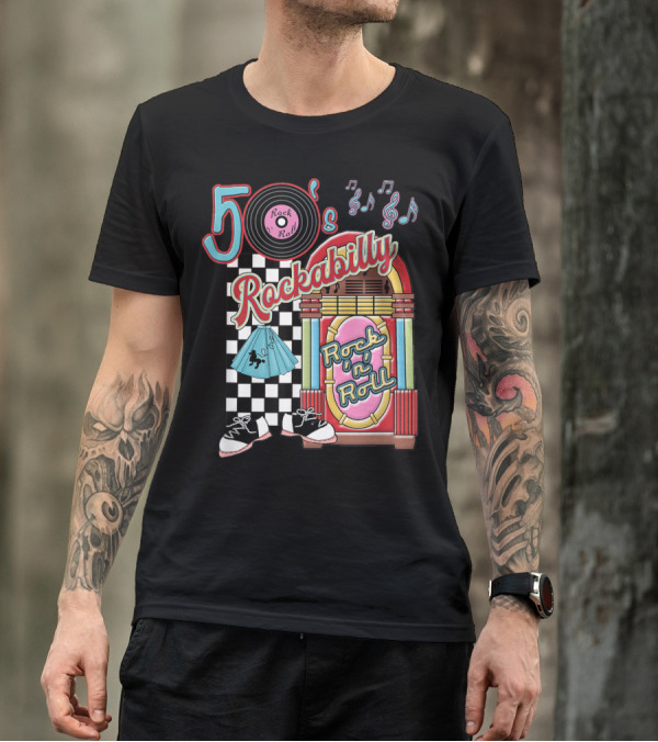 50's Rock N Roll Rockabilly Jukebox And Checkered Dance Floor T-Shirt