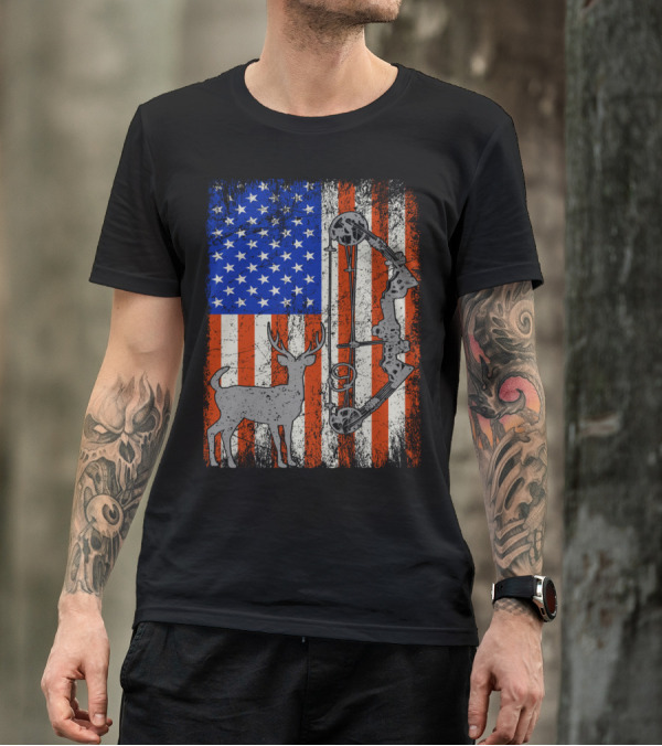 American Flag Deer Hunter With Bow Hunting Iconic T-Shirt