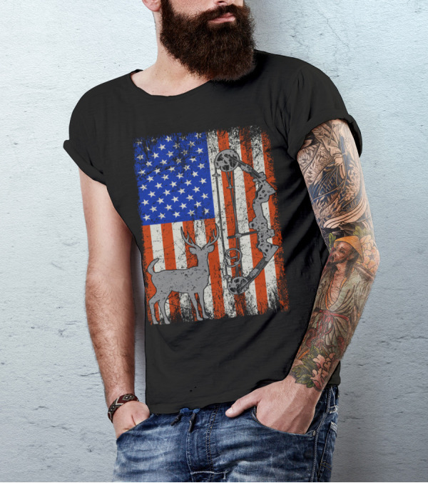 American Flag Deer Hunter With Bow Hunting Iconic T-Shirt
