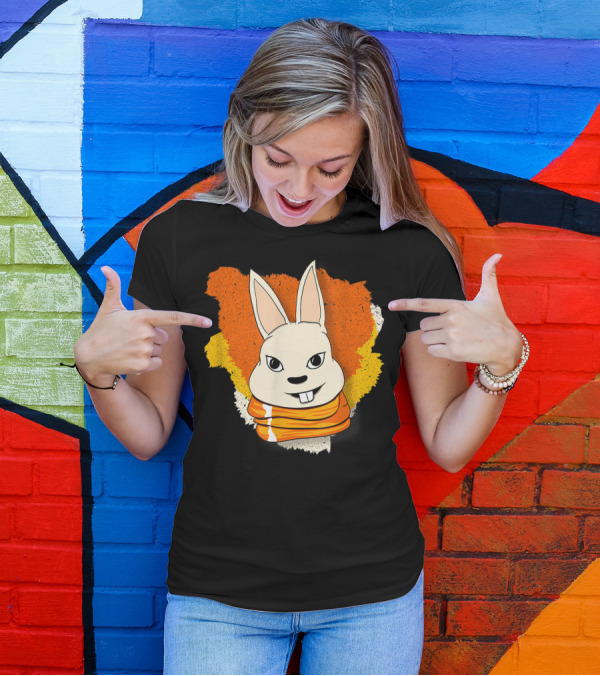 Bunny And Women For Easter Bunny Iconic Rabbit Illustration On Vibrant Orange Yellow Background T-Shirt