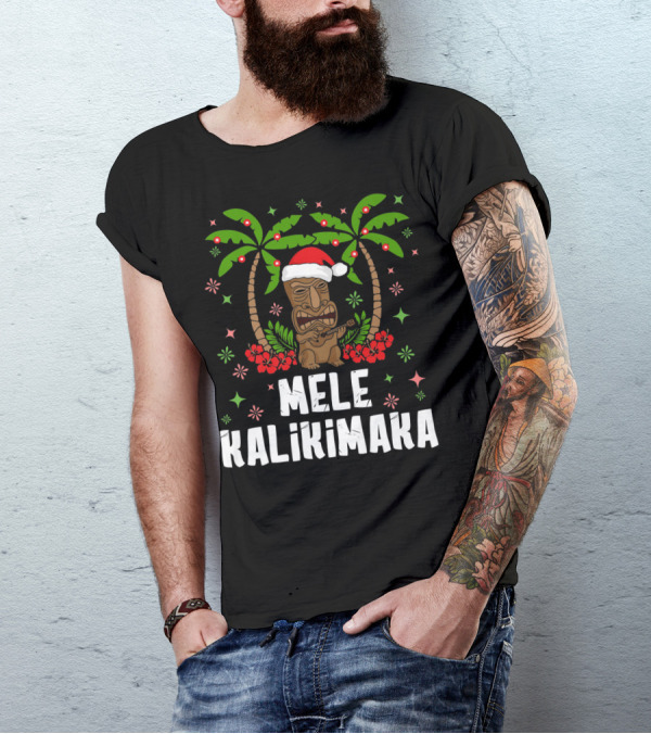 Mele Kalikimaka Santa Tiki Hawaiian Christmas Palms T-Shirt