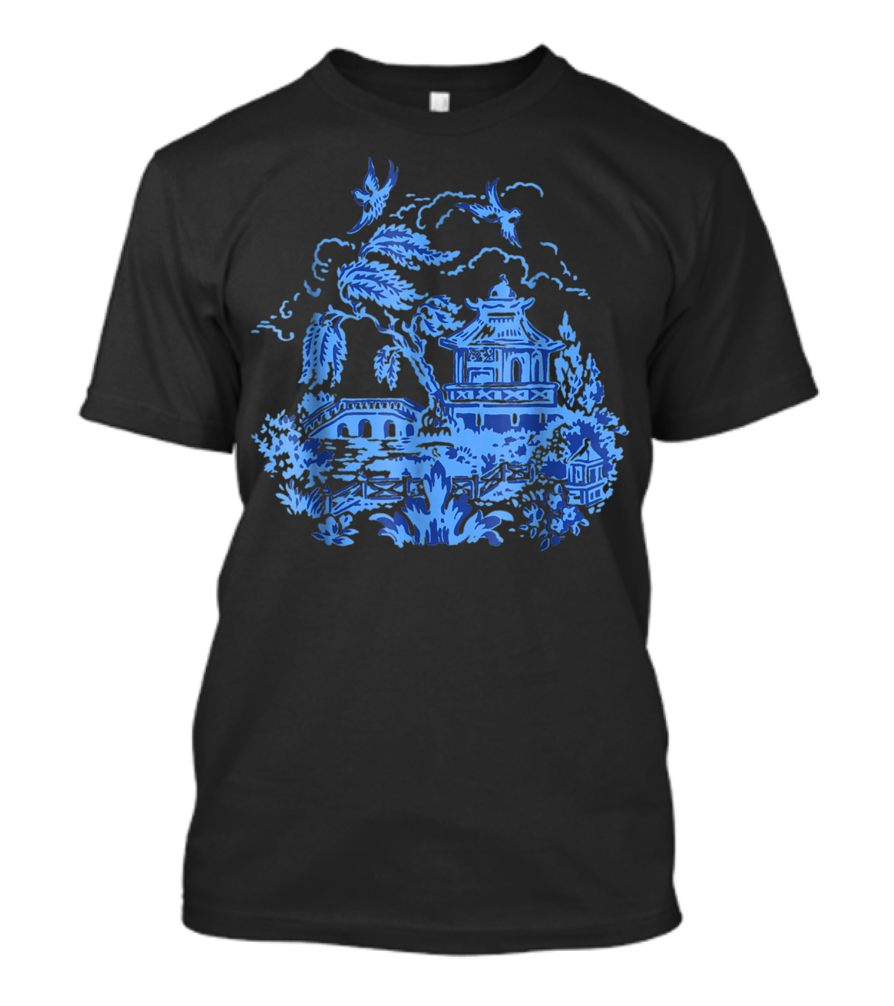 Classic Vintage Blue Willow China Scene Pagoda And Birds T-Shirt