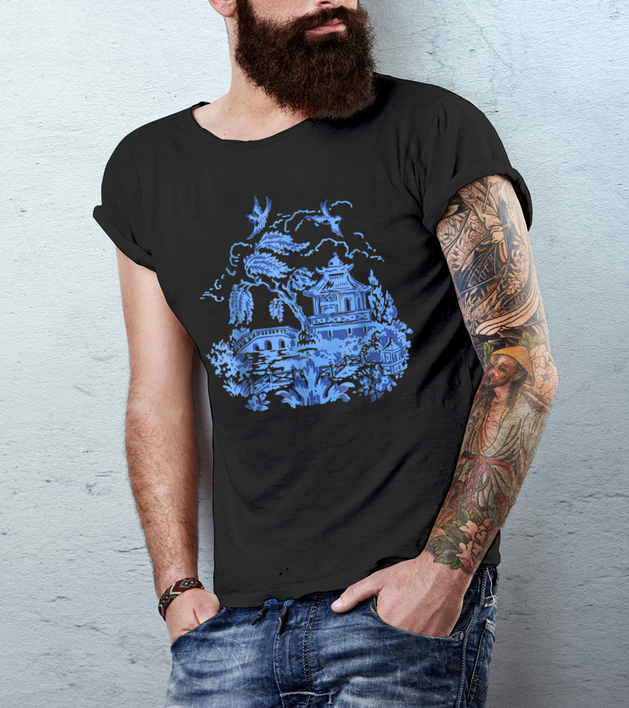 Classic Vintage Blue Willow China Scene Pagoda And Birds T-Shirt