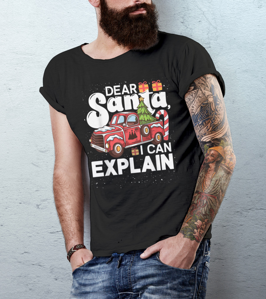 Dear Santa I Can Explain Red Truck Christmas Tree Candy Cane T-Shirt