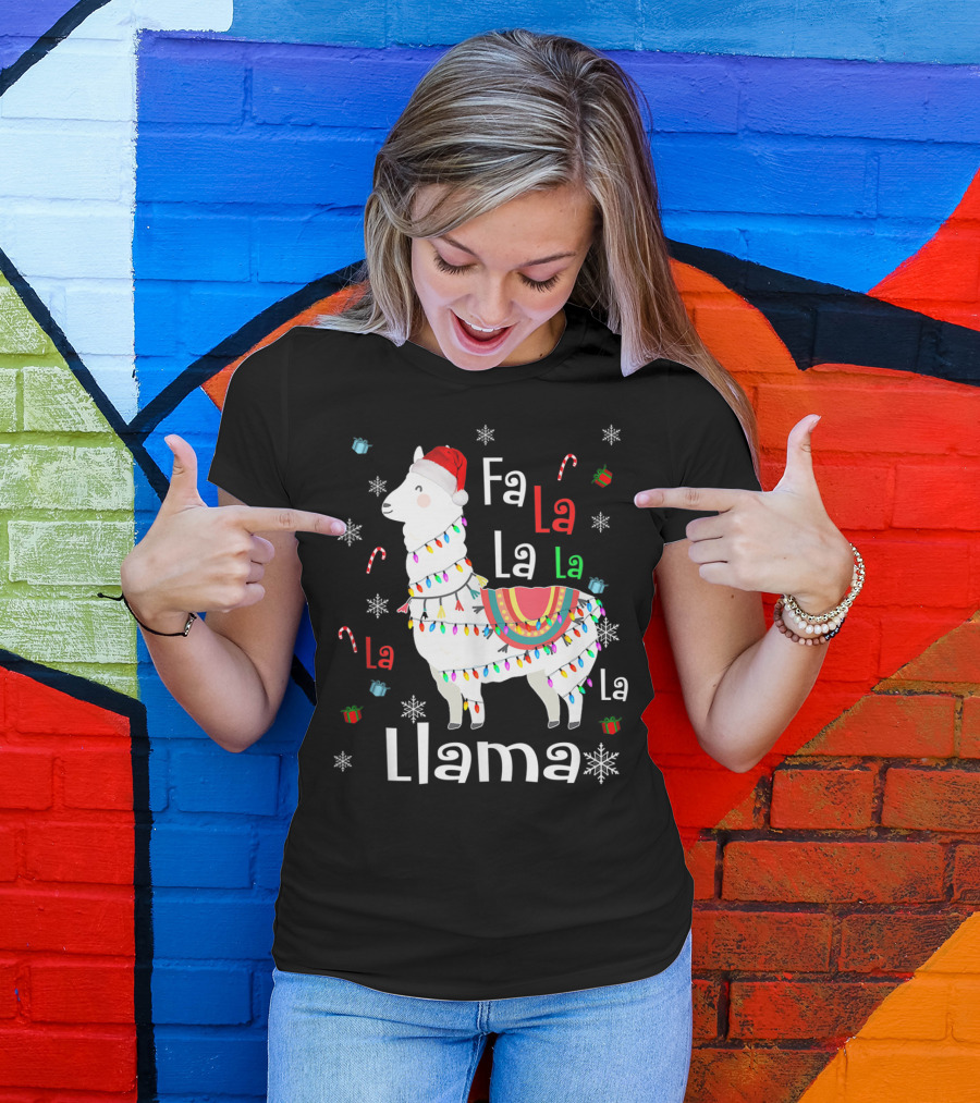 Fa La La Llama Llama Christmas Lights And Santa Hat With Candy Canes Snowflakes And Presents T-Shirt