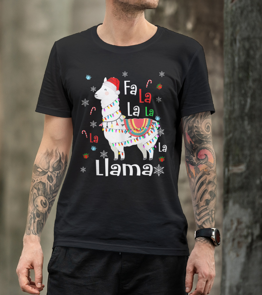 Fa La La Llama Llama Christmas Lights And Santa Hat With Candy Canes Snowflakes And Presents T-Shirt