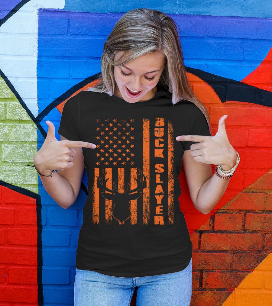 Buck Slayer Blaze Orange Deer American Flag T-Shirt