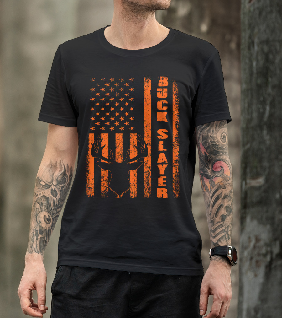 Buck Slayer Blaze Orange Deer American Flag T-Shirt