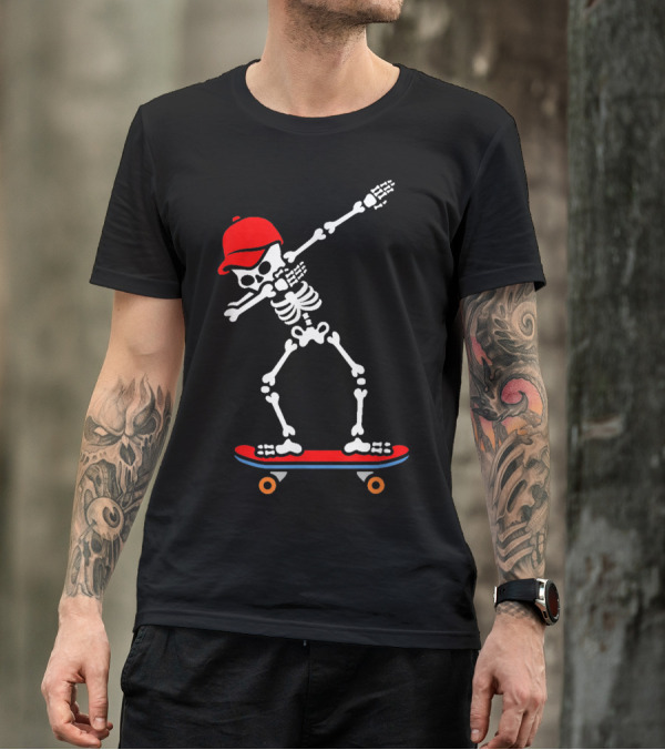 Dabbing Skeleton In Red Cap On Skateboard T-Shirt