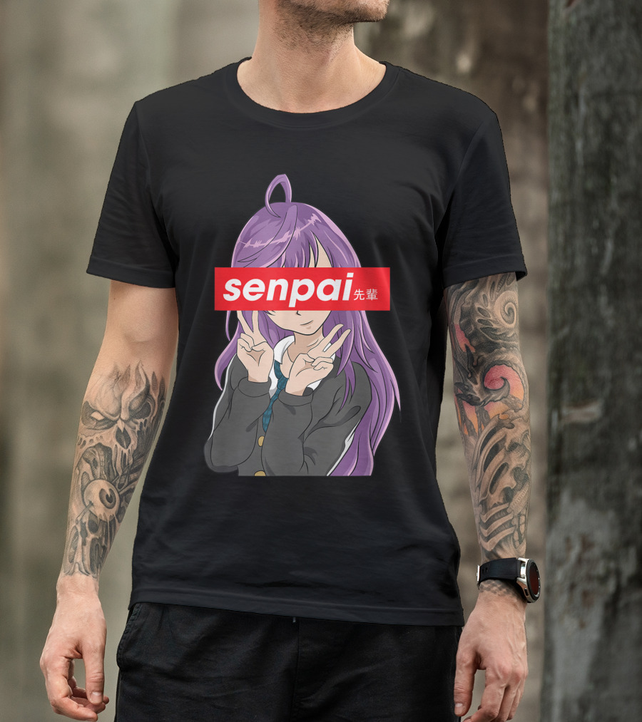 Japanese Anime Girl Senpai Purple Hair Peace Sign T-Shirt