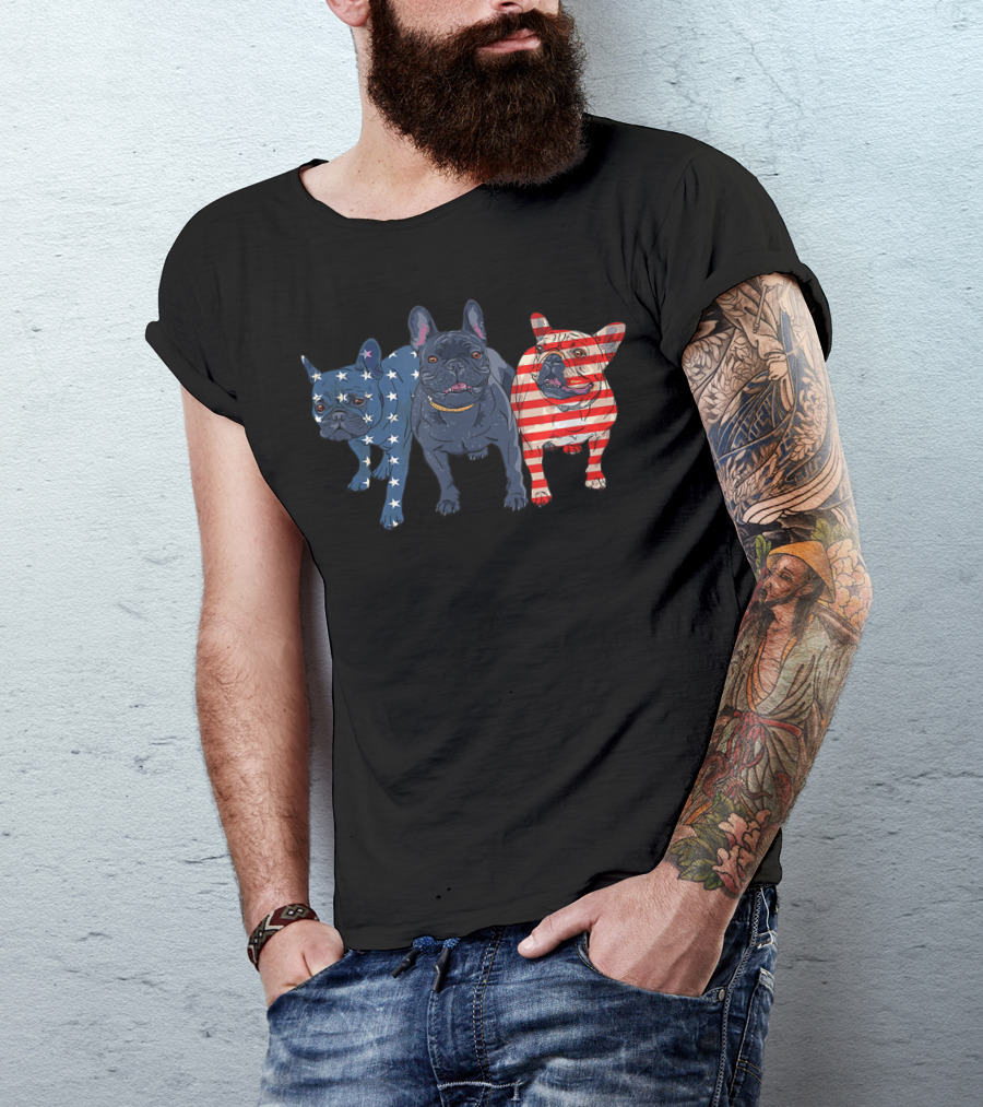 3 Frenchie Bulldog American Flag Stars Stripes July Patriot T-Shirt