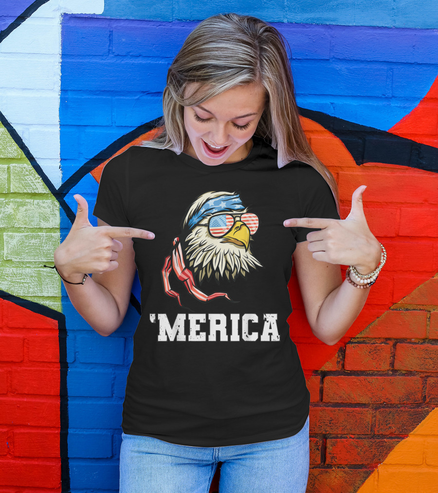 'Merica Bald Eagle USA Flag Bandana And Sunglasses T-Shirt