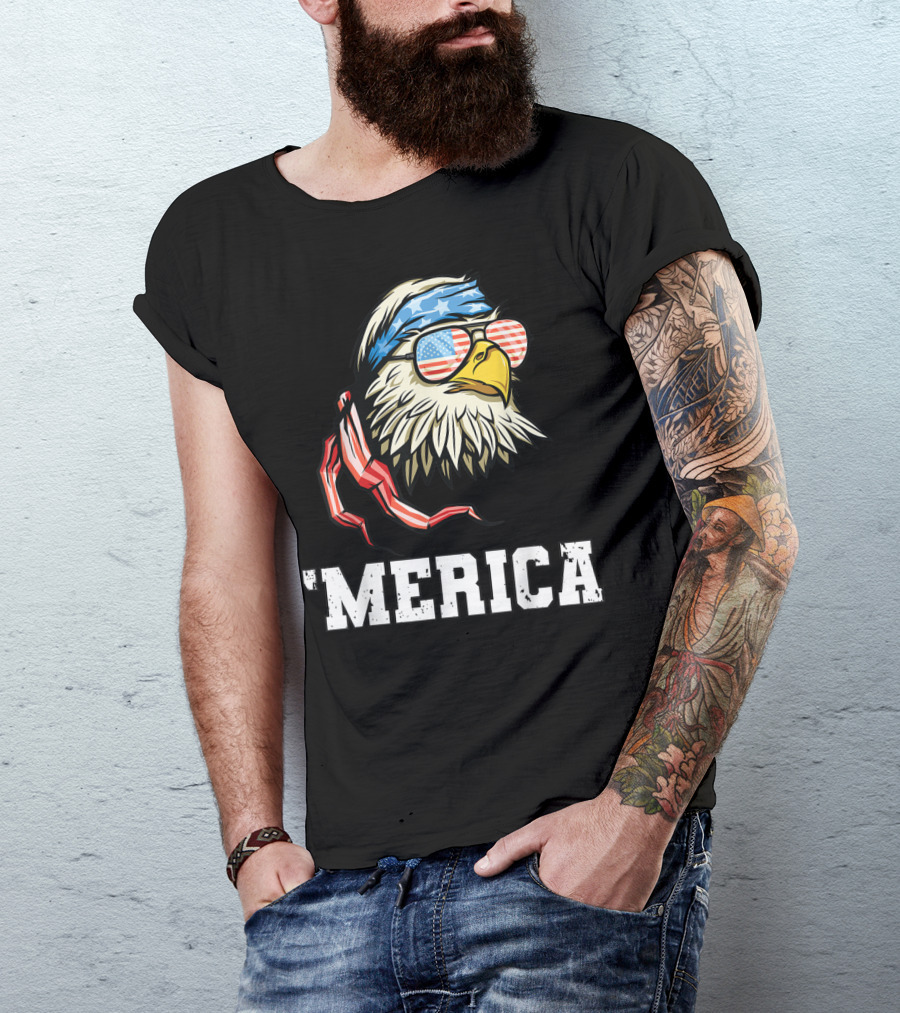 'Merica Bald Eagle USA Flag Bandana And Sunglasses T-Shirt