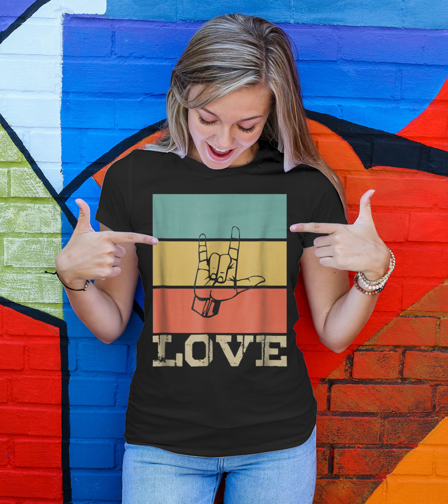 ASL Love Vintage Hand Sign Retro Color Blocks T-Shirt