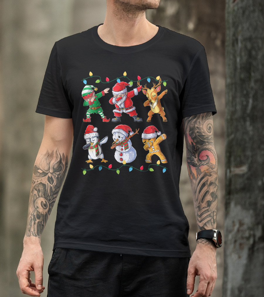 Dabbing Santa Elf Reindeer Penguin Snowman Gingerbread Christmas Lights T-Shirt