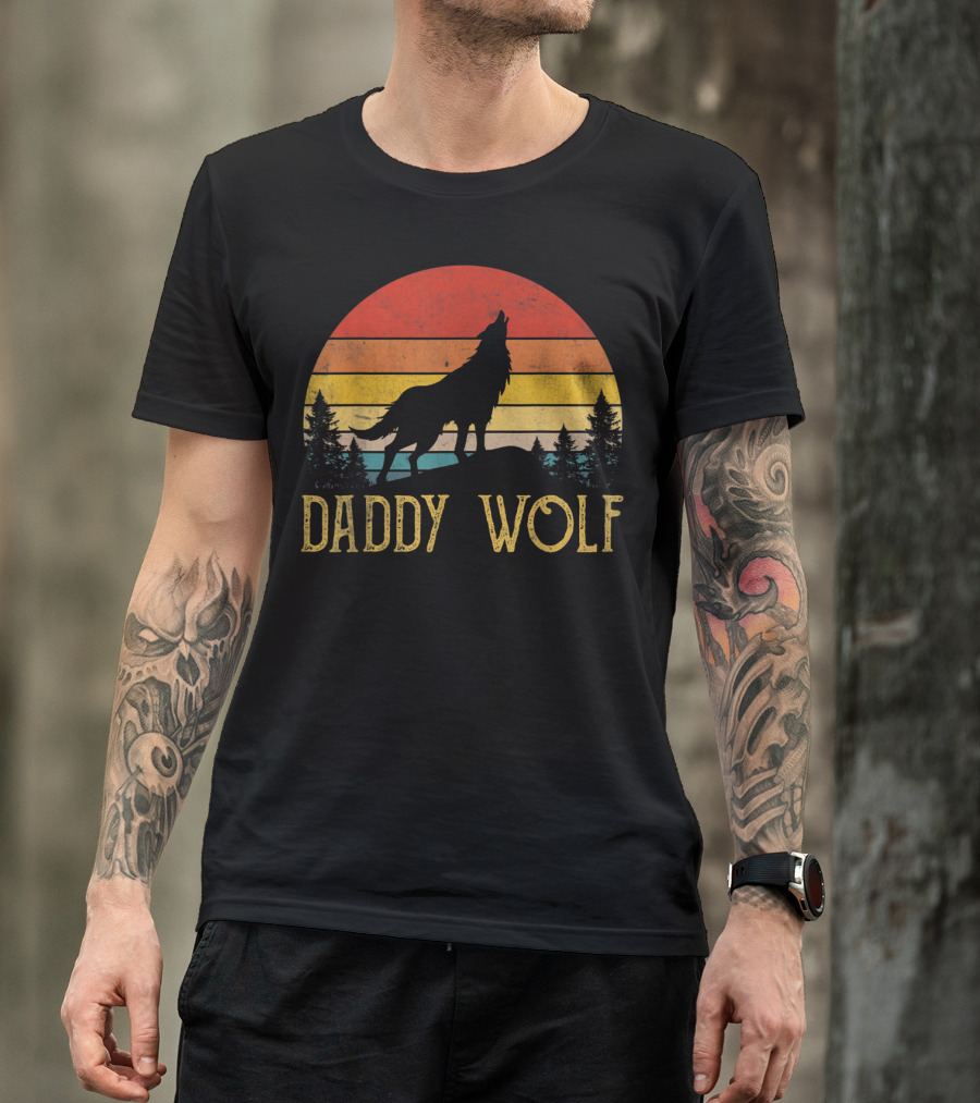 Daddy Wolf Silhouette Sunset Forest Scene T-Shirt