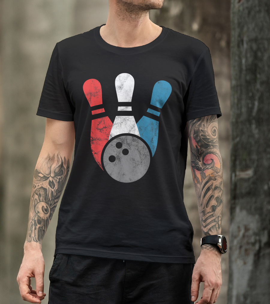 Distressed Red White Blue Bowling Pins With Bowling Ball T-Shirt