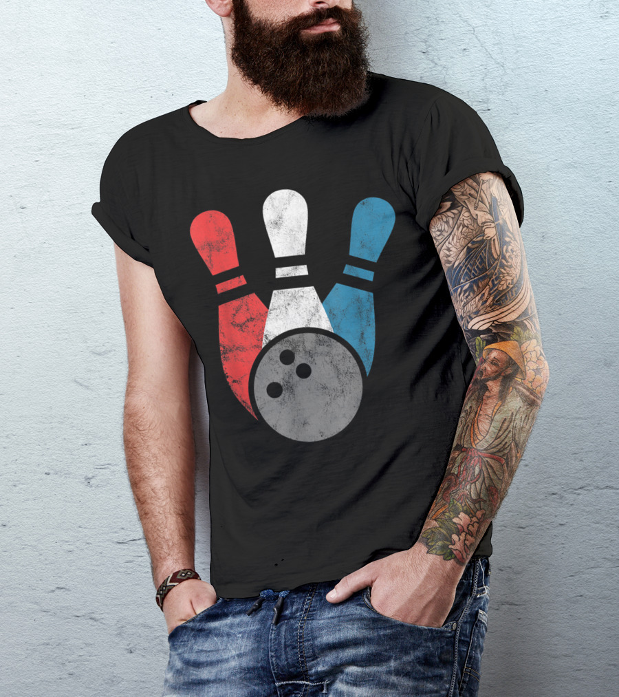Distressed Red White Blue Bowling Pins With Bowling Ball T-Shirt