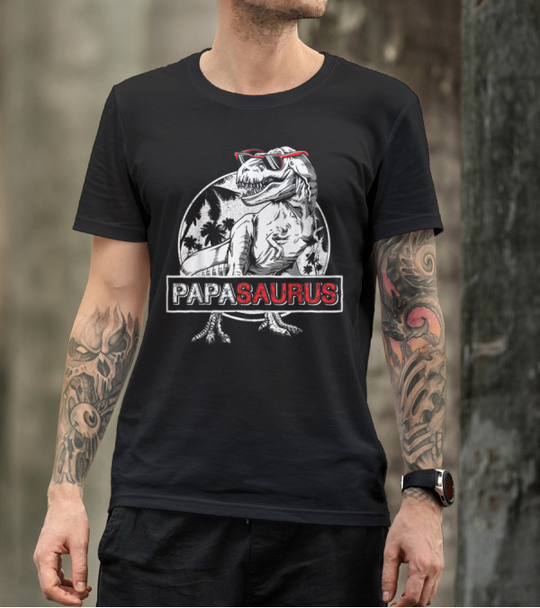 Papasaurus Rex Dinosaur Dad Sunglasses Palm Trees T-Shirt