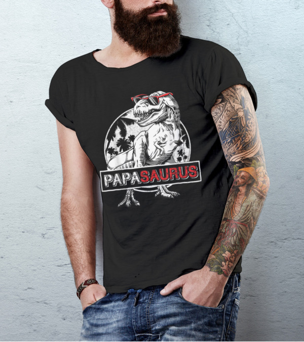 Papasaurus Rex Dinosaur Dad Sunglasses Palm Trees T-Shirt