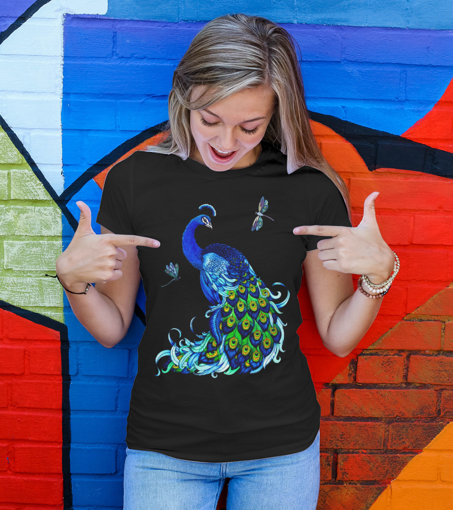Peacock Elegance With Vibrant Dragonflies T-Shirt