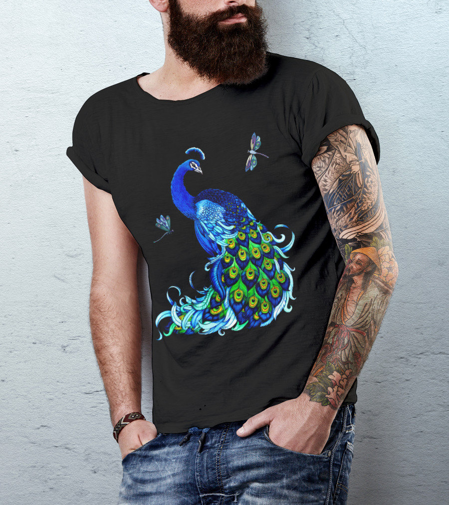 Peacock Elegance With Vibrant Dragonflies T-Shirt