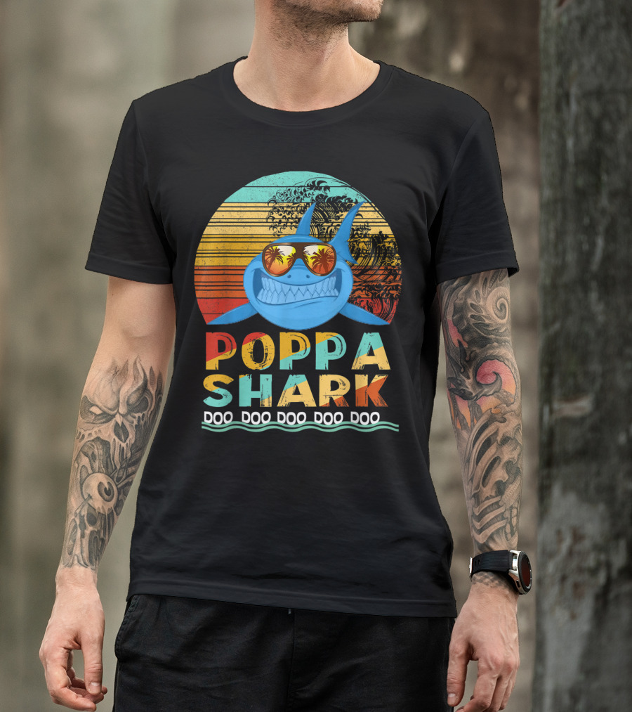 Poppa Shark Doo Doo Doo Doo Doo Retro Sunset Palm Trees Sunglasses T-Shirt