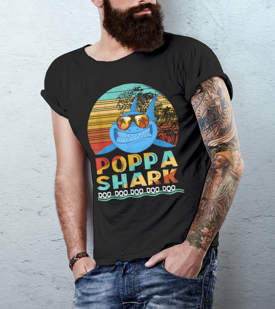 Poppa Shark Doo Doo Doo Doo Doo Retro Sunset Palm Trees Sunglasses T-Shirt