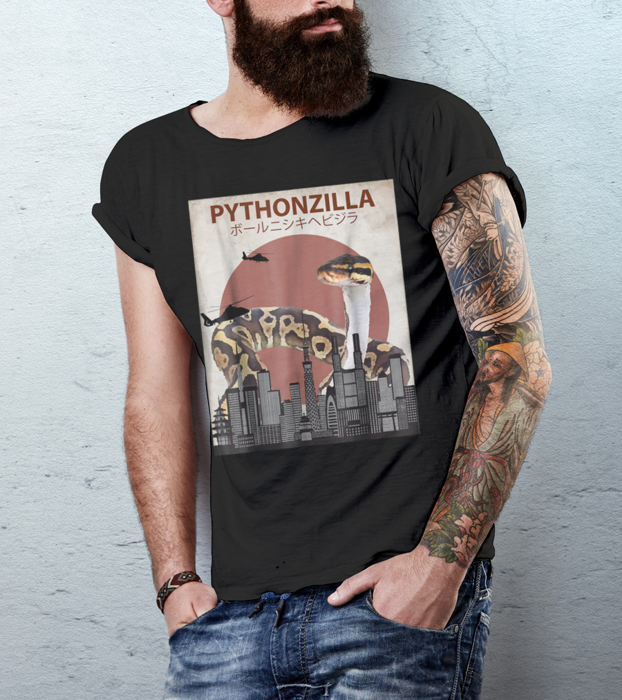 Pythonzilla Ball Python Funny Snake Skyline Helicopter Japanese Text T-Shirt