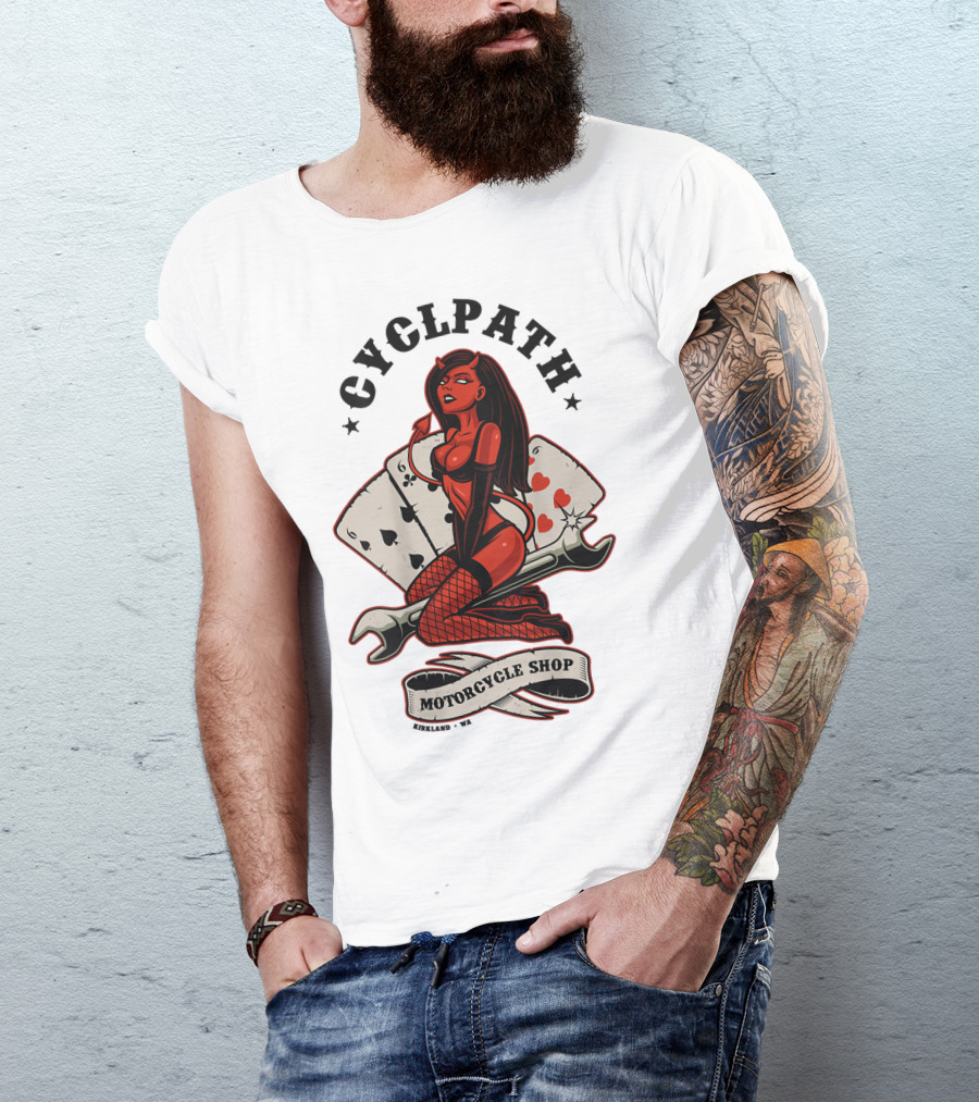 Cyclpath Red She Devil Motorcycle Shop Kirkland Poker Cards T-Shirt
