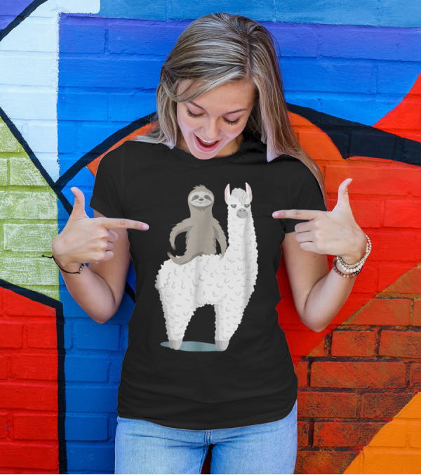Sloth Joyfully Riding A White Llama T-Shirt