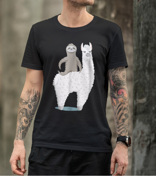 Sloth Joyfully Riding A White Llama T-Shirt