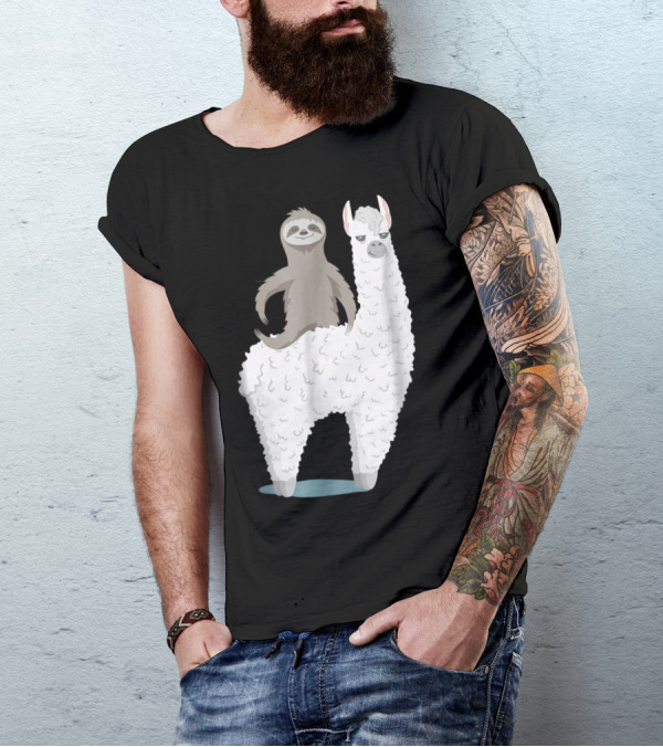 Sloth Joyfully Riding A White Llama T-Shirt