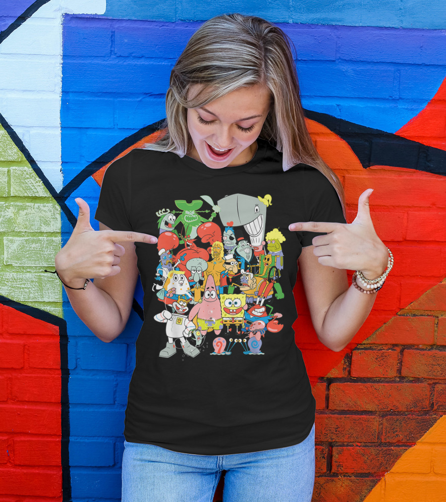 SpongeBob SquarePants Character Collage Featuring Patrick, Squidward, Sandy, Mr. Krabs, Plankton, And More T-Shirt
