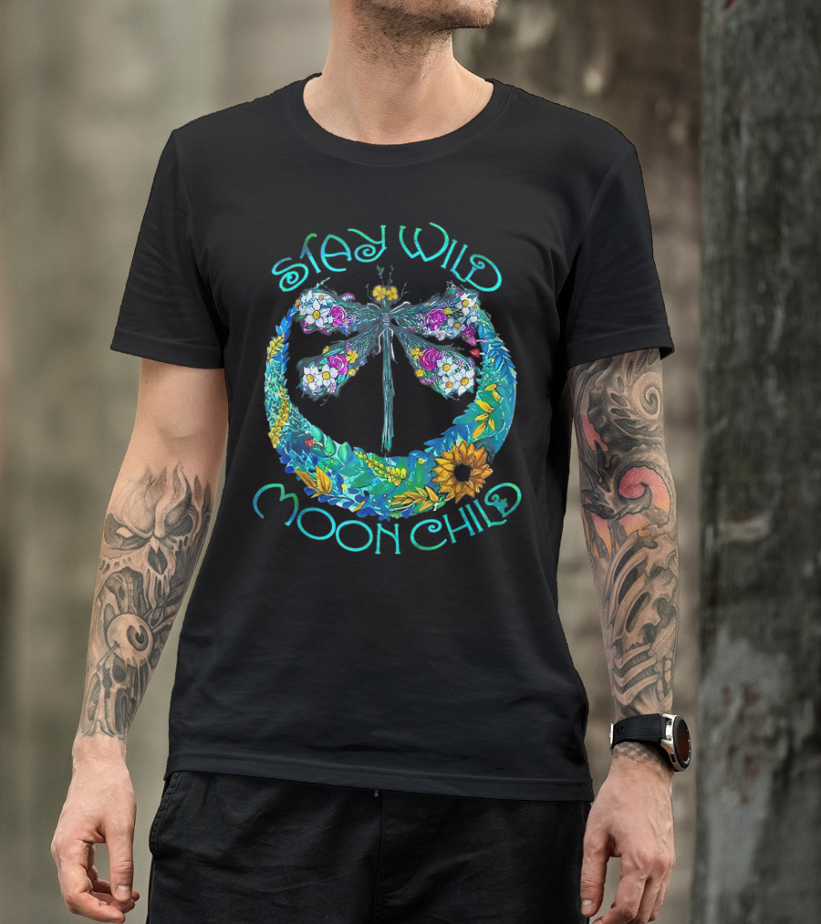 Stay Wild Moon Child Dragonfly In Floral Crescent Moon T-Shirt