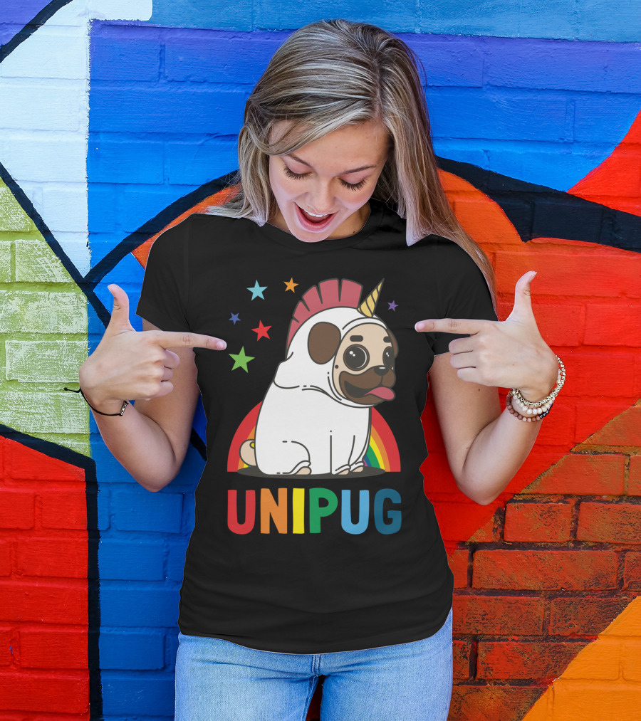 UNIPUG Rainbow Unicorn Pug Dog With Stars T-Shirt