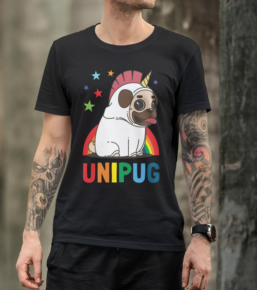 UNIPUG Rainbow Unicorn Pug Dog With Stars T-Shirt